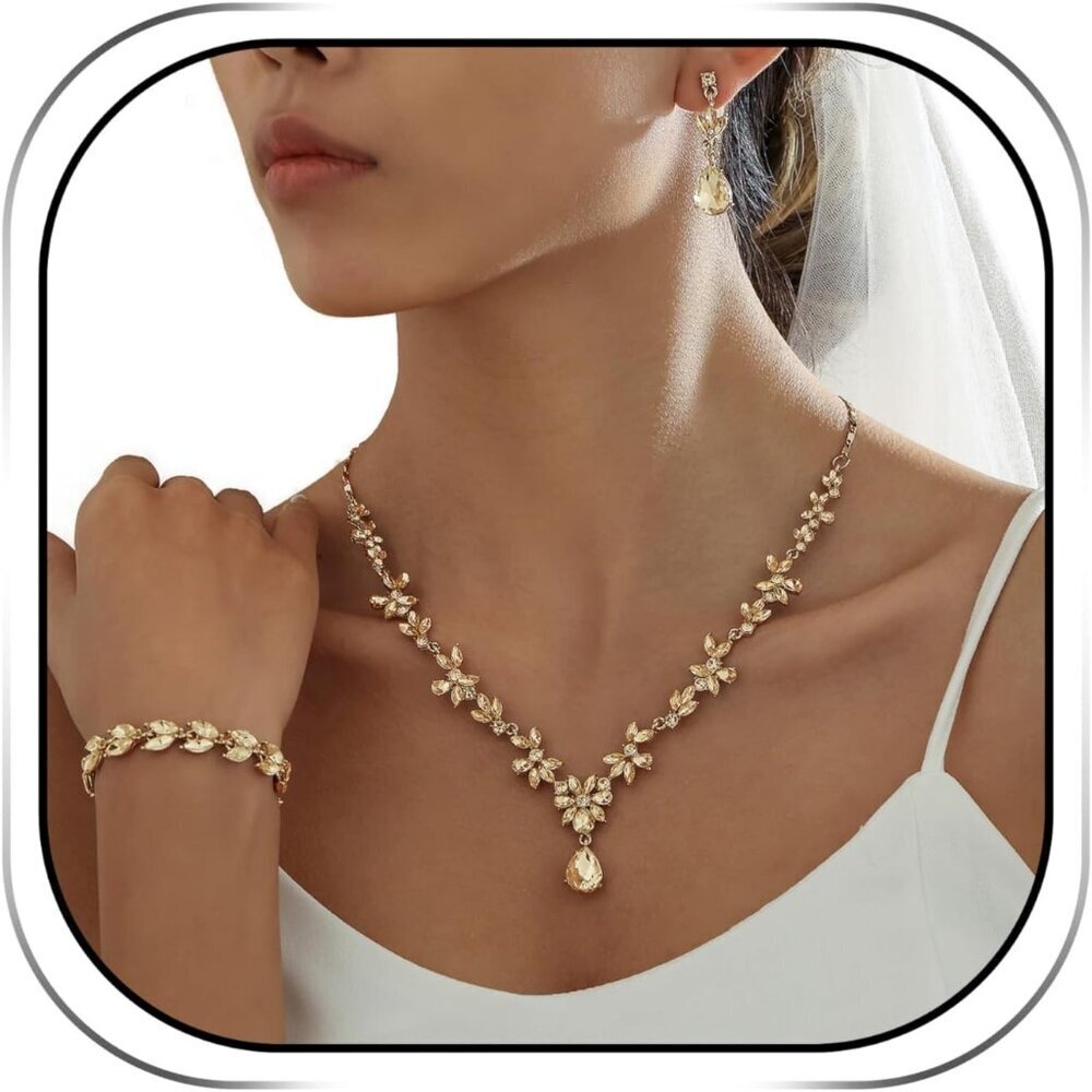 Wedding Jewelry Set Hypoallergenic Crystal Necklace Earrings Bracelet Women